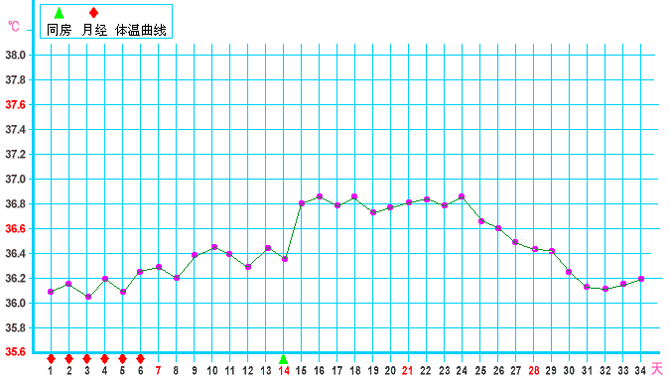 黄体功能不良导致体温缓慢下降的基础体温曲线图